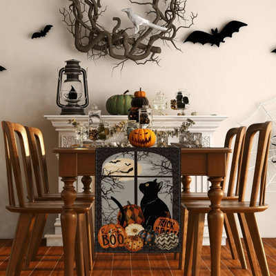 Boo Black Cat Pumpkins Halloween Table Runner and Placemats Set Include 1pc Table Runner, 4pcs Placemats Fall Kitchen Dining Table Decoration
