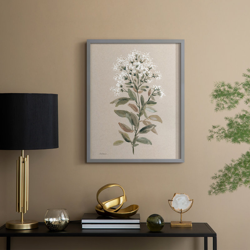 Reproduction encadrée de tiges florales blanches II - bois massif, H 15 po x l 12 po, Gris