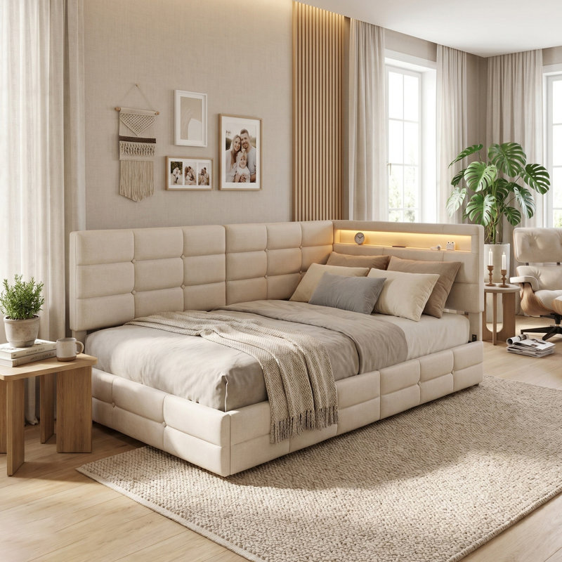 EU Single & Double Linen Daybed with LED & USB Charging, L-Shaped Headboard & Side Drawers, Beige/Grey, 90/140x200cm, Beige