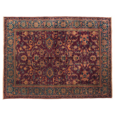 Tapis unique en laine noué à la main bourgogne / bleu / orange de 9 pi x 12 pi