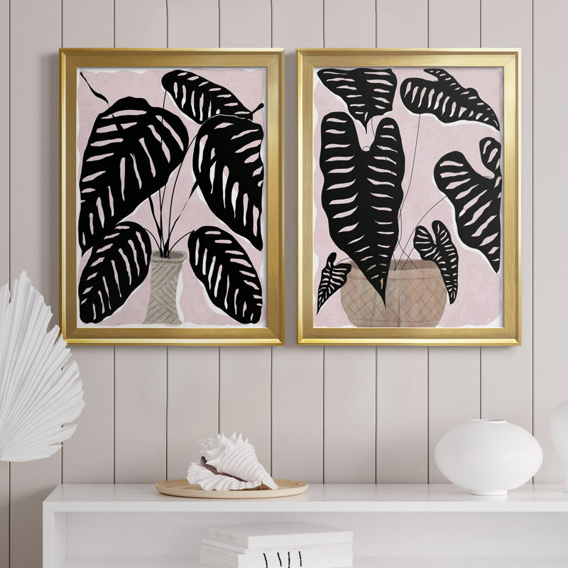 Plante en pot I - ensemble de 2 peintures sur toiles, Gold Framed Canvas, H 30,5 po x l 85 po x P 1,5 po