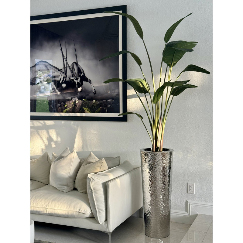Faux Bird Of Paradise Tree in Metal Planter, Silver, 90" H x 40" W x 24" D