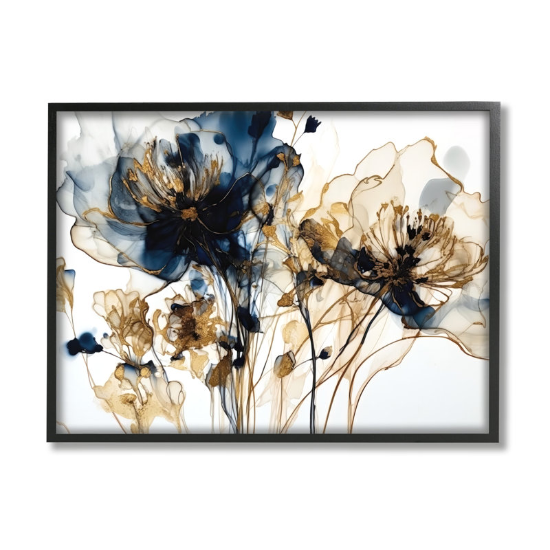 Fleurs abstraites sur fond blanc, impression sur toile, H 11 po x l 14 po x P 1,5 po, Giclée encadrée noir minuit