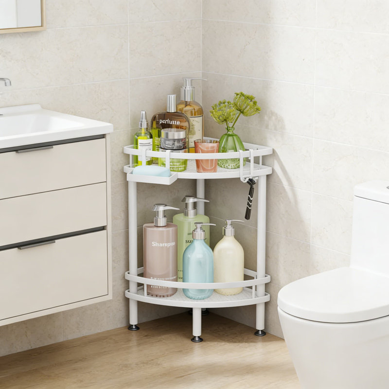 Serviteur de douche en coin - Organisateur de douche antirouille à 2 niveaux avec porte-savon et crochets, tablette de rangement pour salle de bain peu encombrante avec fixation adhésive
