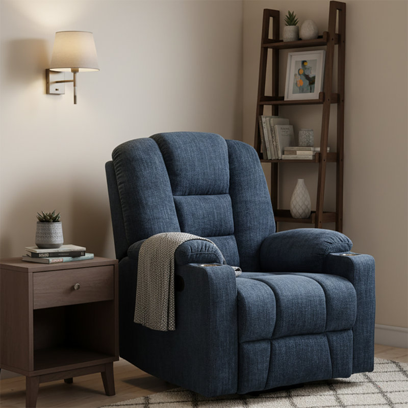 Power Chenille Upholstered Recliner Chair with Lift Base and Massage Heating Function, Blue
