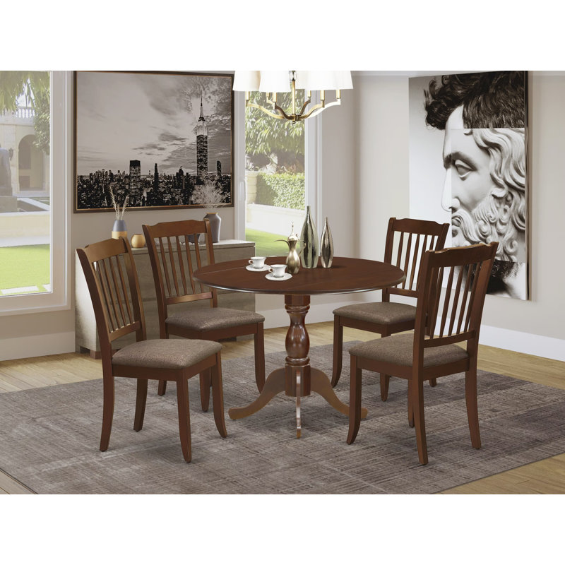 5 Piece Modern Dining Table Set Includes a Round Wooden Table with Dropleaf and 4 Linen Fabric Kitchen Dining Chairs, 42x42 Inch, Mahogany
