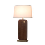 Laurel Table Lamp - Dark Walnut Wood Finish, Weathered Brass, White Linen Shade