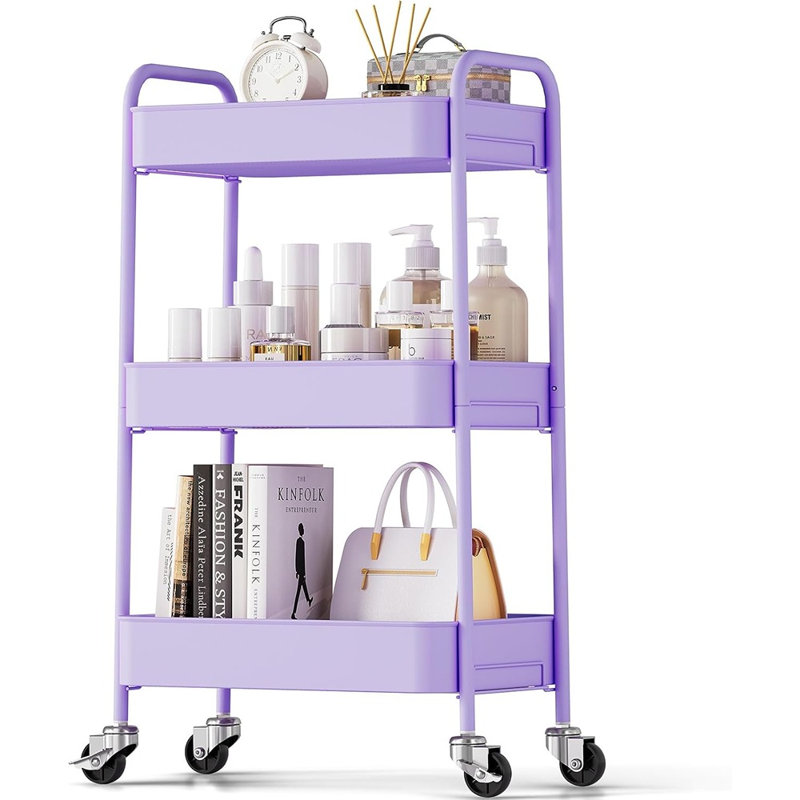Chariot roulant à 3 niveaux - Organisateur de rangement utilitaire en métal avec roues verrouillables, 33 lb par tablette, assemblage sans outil de 5 minutes, pour cuisine, salle de bain, bureau, chambre de bébé, mauve