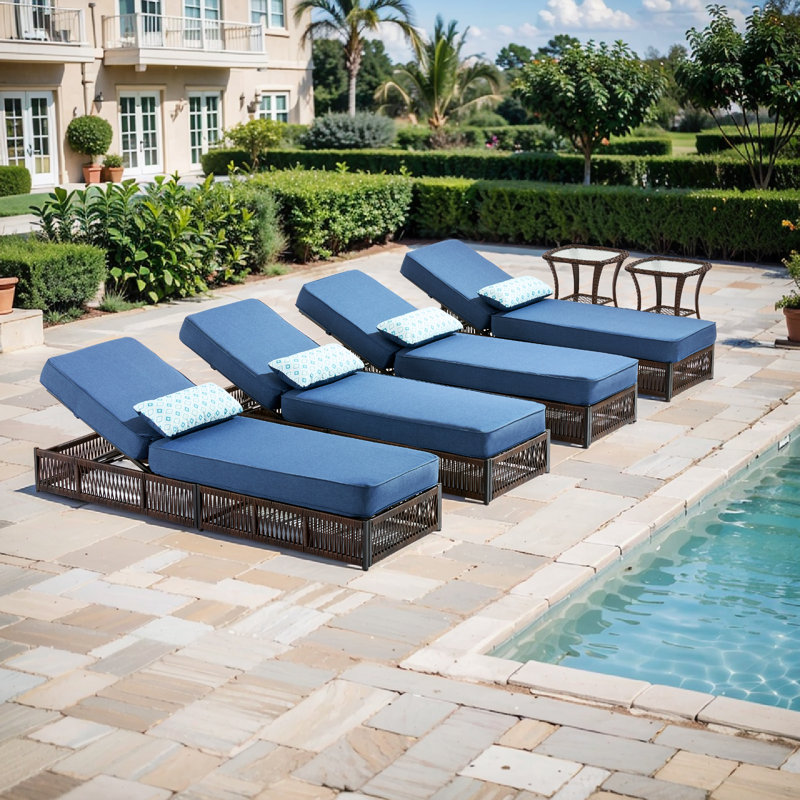 Hayossy 6-Piece Outdoor Chaise Lounge Set With 2 Side Tables, 4 All-Weather Wicker Recliners, Blue