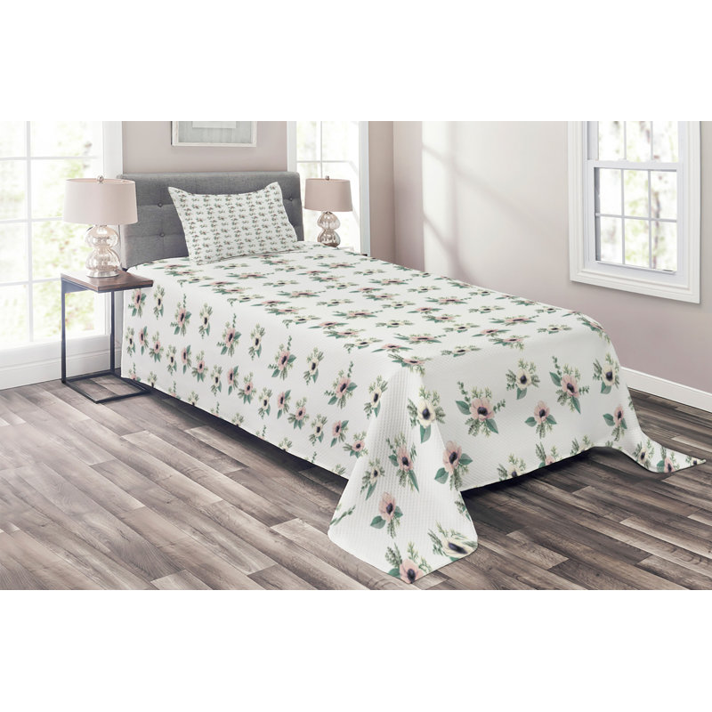 Polyester Floral Coverlet, Twin Bedspread + 1 Sham, Gray Floral