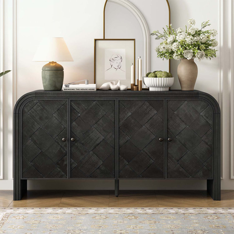 Console avec portes artistiques et capacité de rangement abondante, Noir