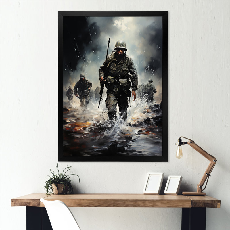 Army D Day Invasion I - Art mural militaire, Cadre simple noir, H 44 po x l 34 po x P 1,5 po