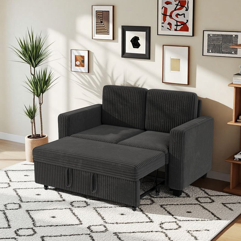 58.1'' Corduroy Modular 2-seat Pull-out Sofa Bed, Black