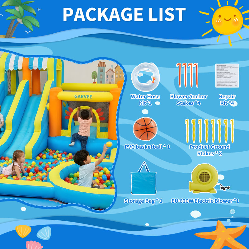 8-in-1 Kids Inflatable Water Park, Double Slides & Climbing Wall Bounce House, 840D/420D Oxford Fabric, 550W/620W Blower, Wet & Dry Indoor Outdoor Play