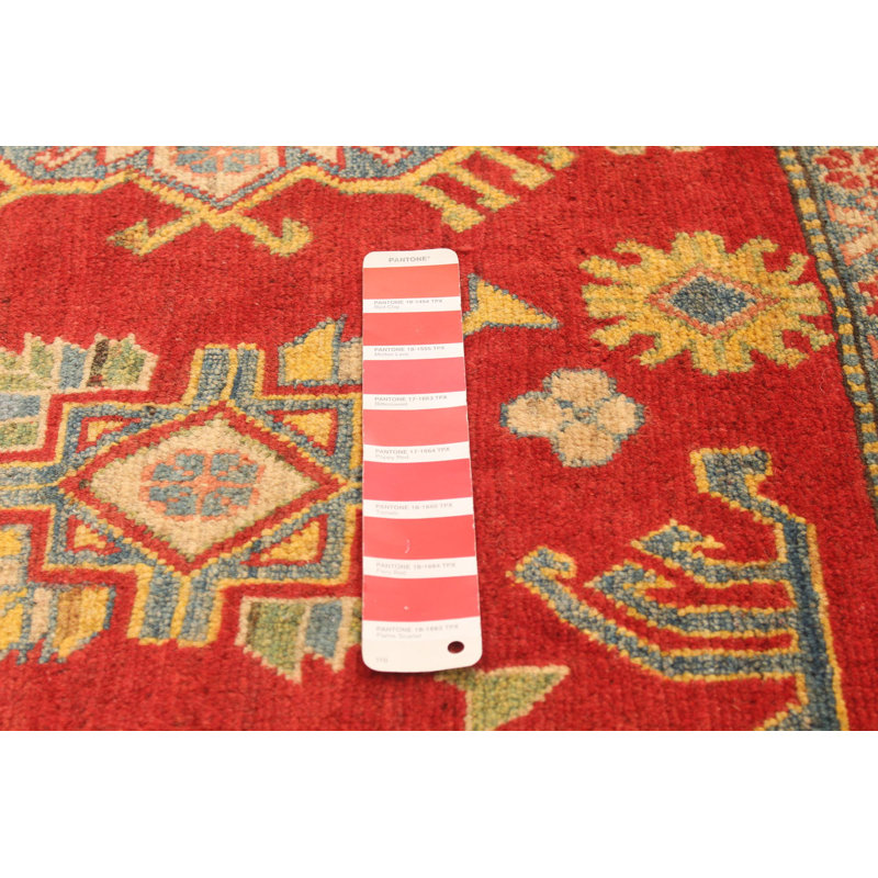 Tapis rouge en laine noué à la main de conception unique 5 pi 7 po x 7 pi 11 po Heily