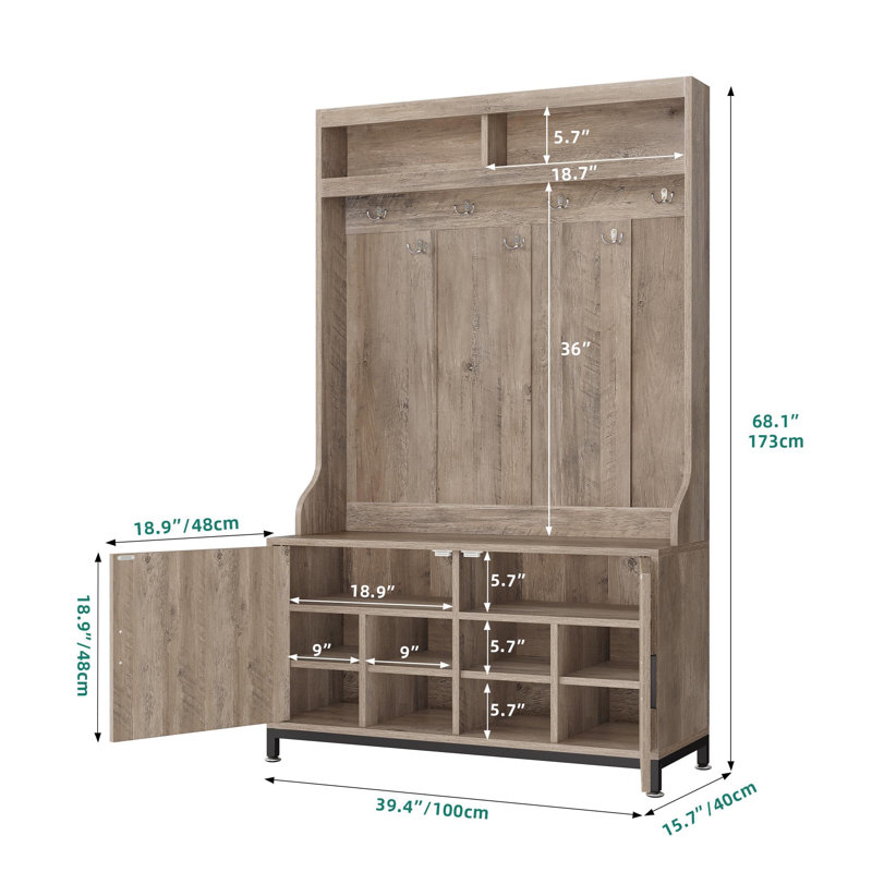 Ashgan Hall Tree 39.4'' Wide with Shoe Storage, Brown