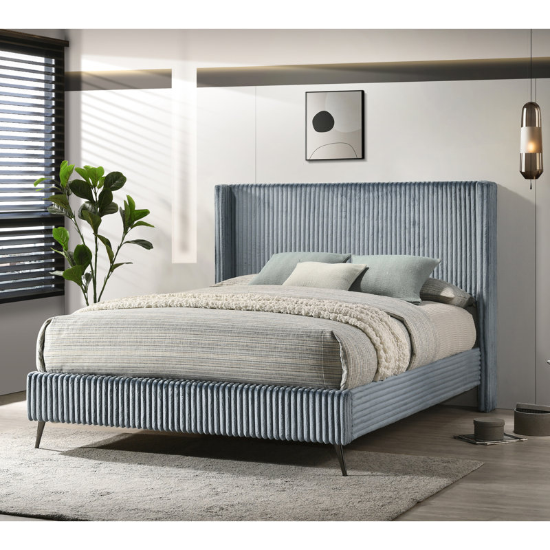 Queen Bed, Blue - Tempting Wide Wale Corduroy Upholstery, Modern Wing Back Headboard, 4 Wooden Slats Bed Engaging Contemporary