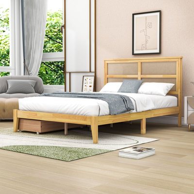 Platform Bed with Unique Rattan Headboard and 2 Storage Drawers