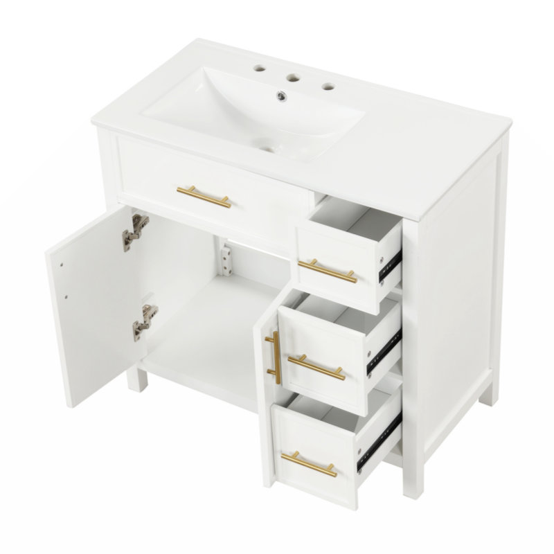 Meuble-lavabo 36 po avec comptoir, meuble-lavabo avec deux portes et trois tiroirs, bois massif, panneaux de fibres à densité moyenne, un paquet, blanc cassé