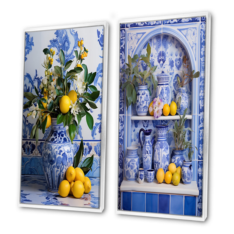 «Greek Tiles Still Life Kitchen II - Boho Pottery», ensemble de 2 reproductions d'art sur toile, Cadre flottant blanc