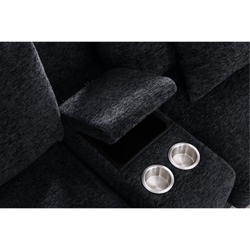 Canapé modulaire contemporain à 4 places avec console intégrée, fonction inclinable et charge pour le salon, revêtement en velours de flanelle gris foncé, mousse douce, deux repose-pieds
