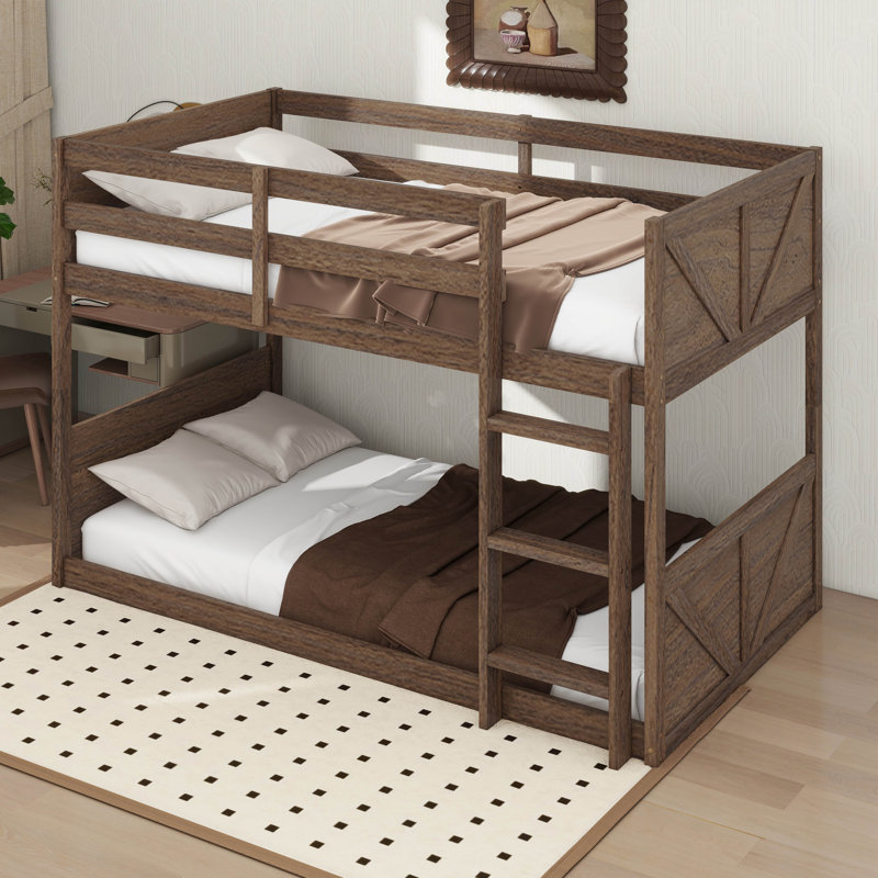 Twin Over Twin Floor Bunk Bed, Antique Oak