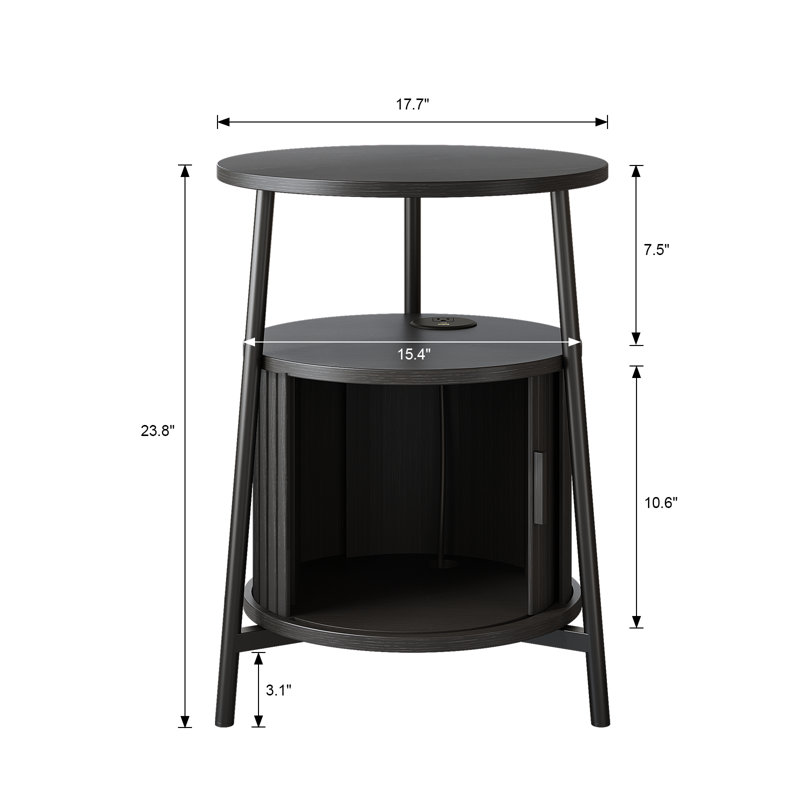Table de bout ronde 23,8 po avec station de charge et porte tambour coulissante, table d'appoint cannelée avec rangement, 1