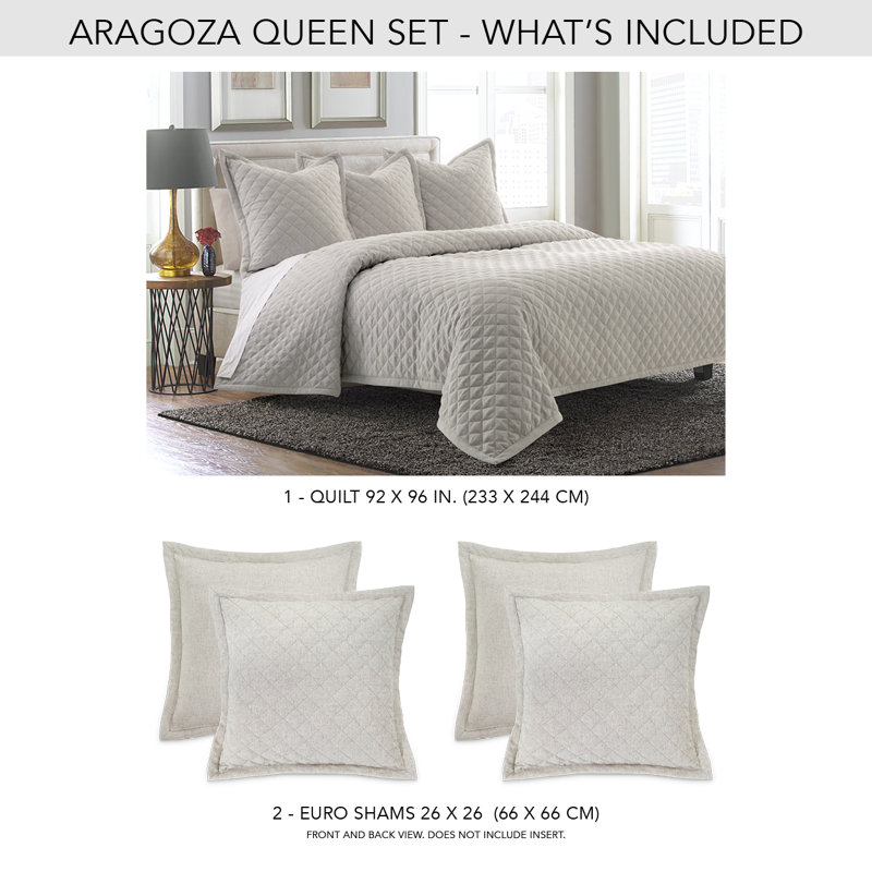 Aragoza Quilt, Queen Quilt + 2 Euro Shams, Gray