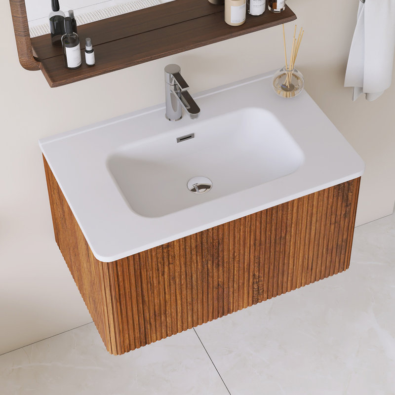 Meuble-lavabo mural simple 30 po avec comptoir intégré en céramique blanche, 30", Brun