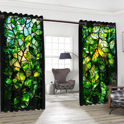 2Pcs Grommet Blackout Curtains, Vibrant Green Stained Glass Leaf Print Drapes, Thermal Insulated, Noise Reducing & Privacy Protection, Room Darkening for Bedroom Living Indoor Home Decor