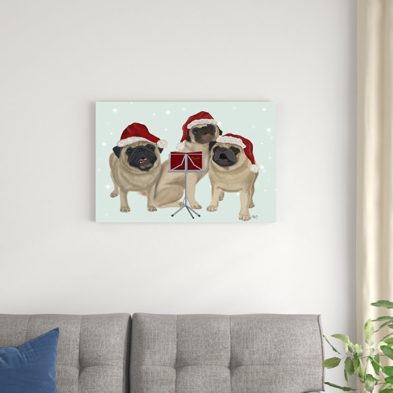 «Christmas Pug Trio Carolling» par Fab Funky - impression sur toile tendue, H 20 po x l 30 po