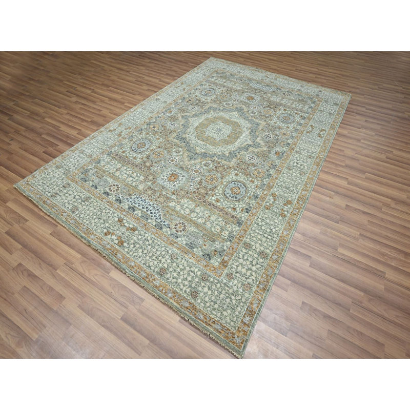 Tapis oriental rectangulaire en laine vert noué à la main 6 pi 1 po x 9 pi 1 po - MOA10276803