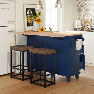 Farmhouse Kitchen Island on Wheels with Drop Leaf, 2 Stools, Storage Cabinet & Drawers, Spice Rack, Towel Rack & Power Outlet by Red Barrel Studio