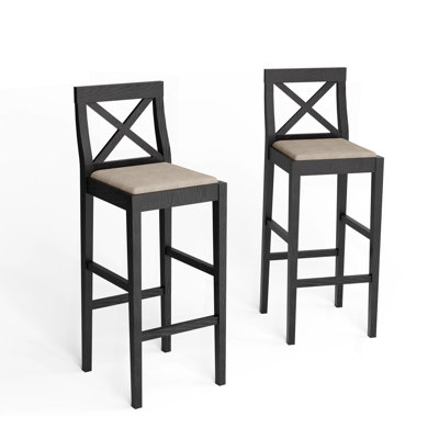 Bar Chair Counter Height Stool With Backrest, Padded Seat & Footrest, Wood Kitchen Island Chair, Vintage Dining Room Chair For Home, Pub,Black by Ophelia & Co.