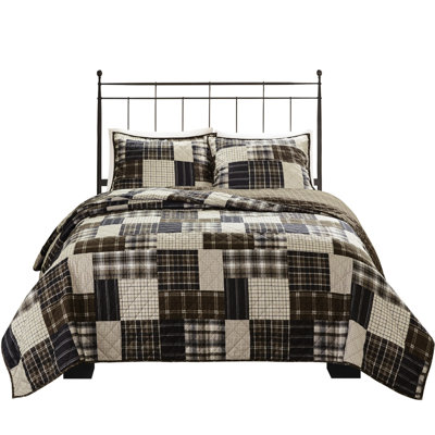 3 Piece Bedroom Quilt - Reversible, Black/Brown, Microfiber Fabric, Zippered Shams Black/Brown Pieces, Soft Touch, Shams, Warm Cabin Look