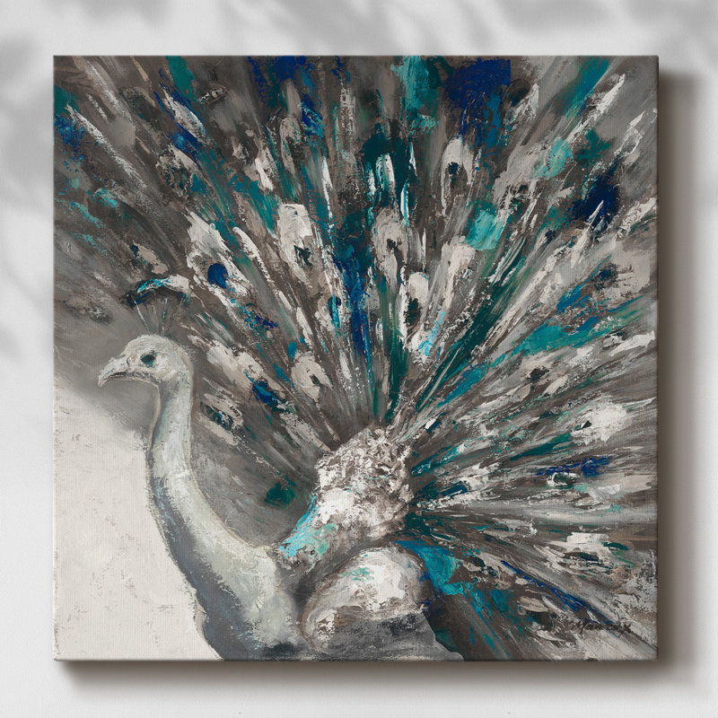 Fier paon sur toile, Gris / bleu, H 40 po x l 40 po