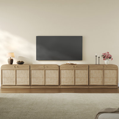 Boho TV Stand With 4 Rattan Storage Cabinets And Curved Top Edge, Farmhouse TV Entertainment Center For Tvs Up To 65