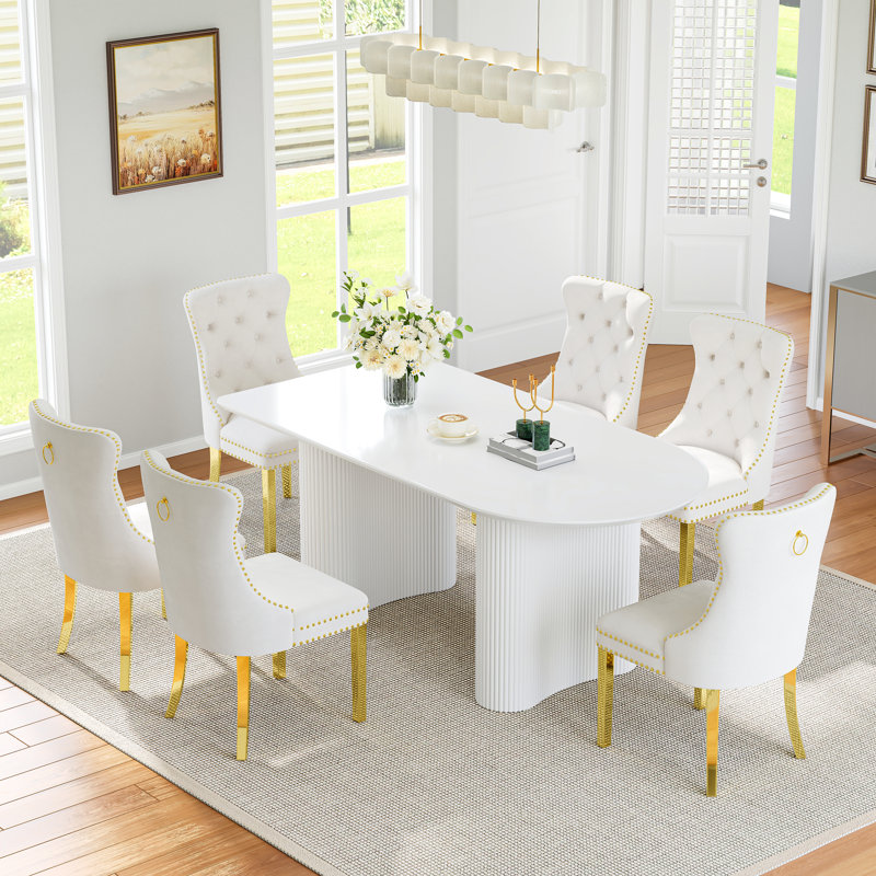 63" Oval Dining Table Set Of 5, Modern Minimalist Cream White Double Base Dining Table, 4 White Velvet Dining Chairs With Gold Stainless Steel Legs, Nailhead Trim