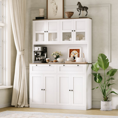 Grand garde-manger avec support à micro-ondes, huche de cuisine moderne 71 po avec portes en verre