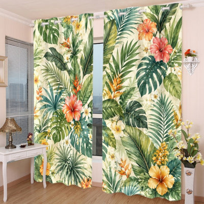 2Pcs Tropical Rainforest Print Grommet Blackout Curtains, Vibrant Floral & Leaf Pattern, Polyester Window Drapes, Thermal Insulated, Noise Reducing, Privacy Protection, Stylish Indoor Home Decor for Bedroom, Living Room, Dining Room