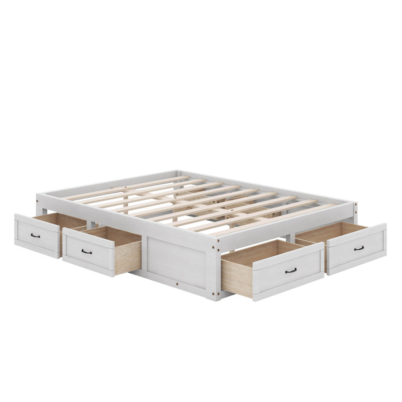 Grand lit plateforme avec 6 tiroirs de rangement, Blanc antique