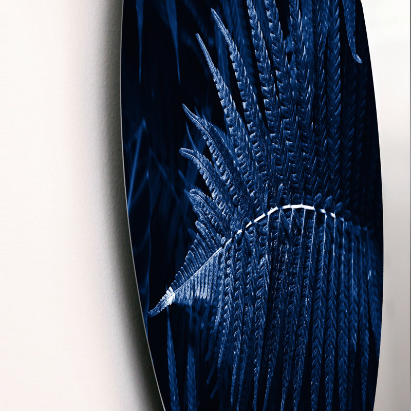 Feuilles tropicales en bleu classique - Art mural cercle tropical en métal, H 11 po x l 11 po
