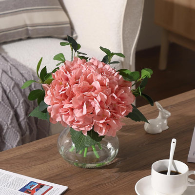 Artificial Hydrangea In Glass Vase With Faux Water For Home Decor, Light Coffee