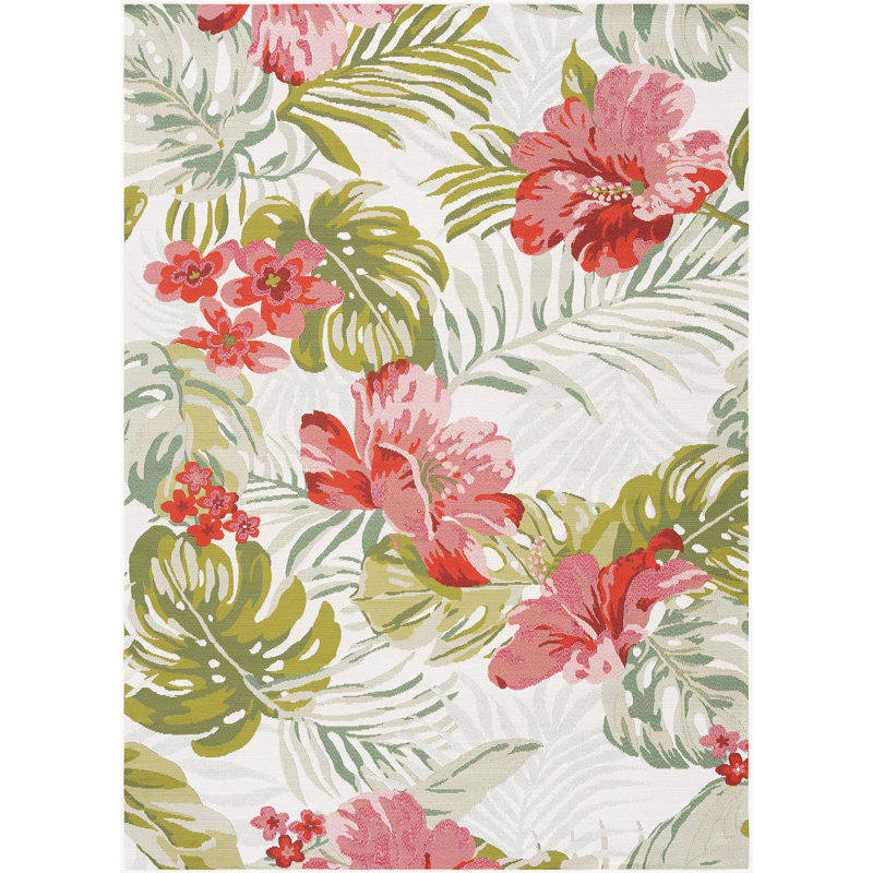 Ariadnne Floral Indoor / Outdoor Area Rug for Patios, Entryway, Deck or Porch - Cream, Rectangle 5'3" x 7'3"