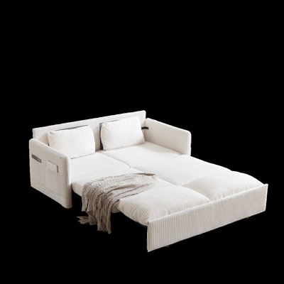 Modern Corduroy 64.5 Inch 3-in-1 Sleeper Sofa Bed with Pullout, Pillows &amp; Side Pockets for Living Room Bedroom Office | Corduroy | Wood | Cushion Back