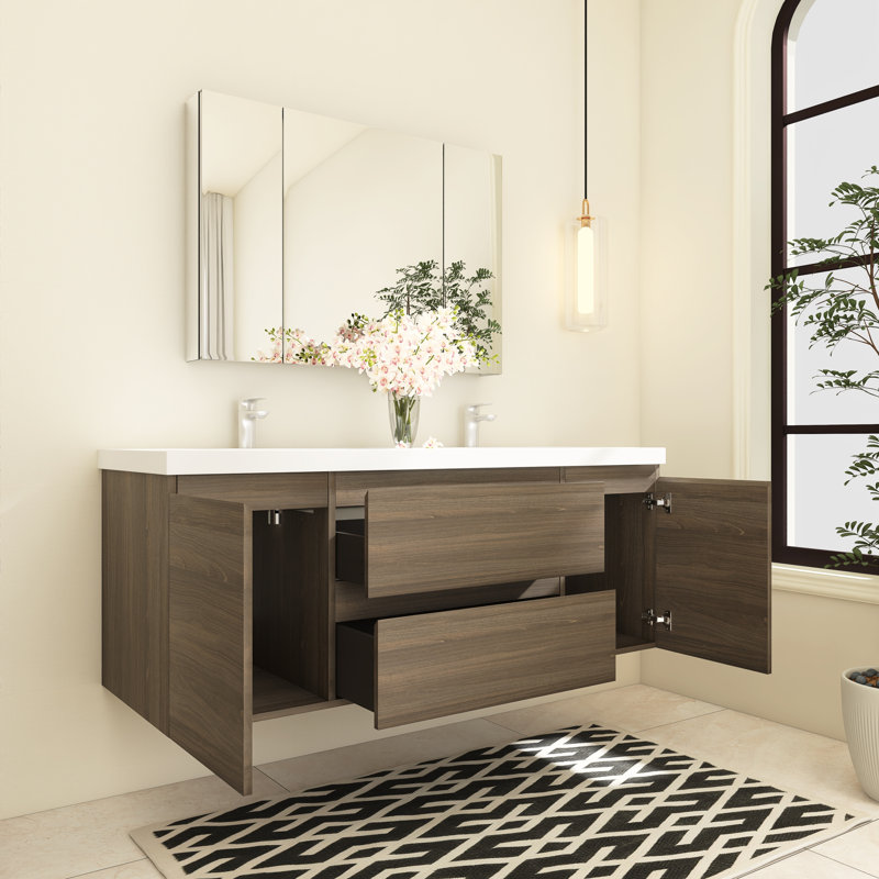 60 po X P 20 po P x 22 po Meuble-lavabo flottant double H avec plateau en résine blanc brillant, Gris cendré
