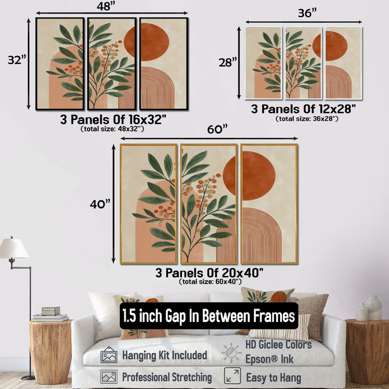 Ensemble de décorations murales vertes et terracotta, H 32 po x l 48 po, Reproduction avec cadre flottant, Blanc