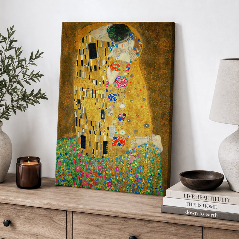 Famous Artwork "The Kiss by Gustav Klimt - Extra Large Framed Canvas Giclee Painting Print Wall Art", 48" H x 32" W, No Frame