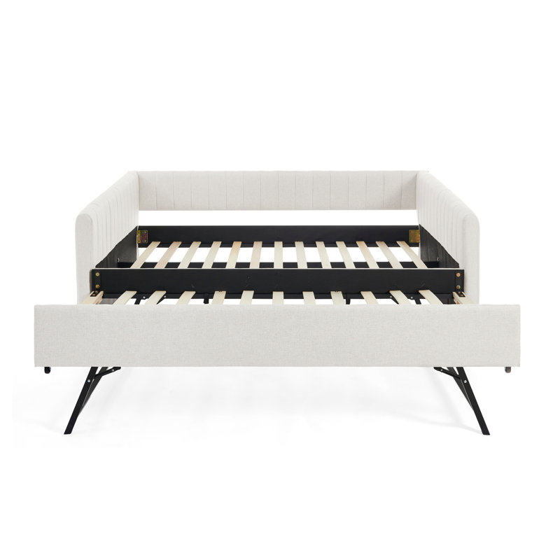 Lit de jour double avec canapé-lit rembourré avec rayures verticales, tissu en lin, beige (82,5 po x 58 po x 30 po), Beige