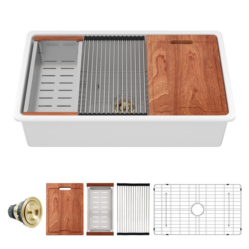33"L x 19"W Undermount Workstation Kitchen Sink Ceramic Rectangular Single Bowl Kitchen Sink with Accessories